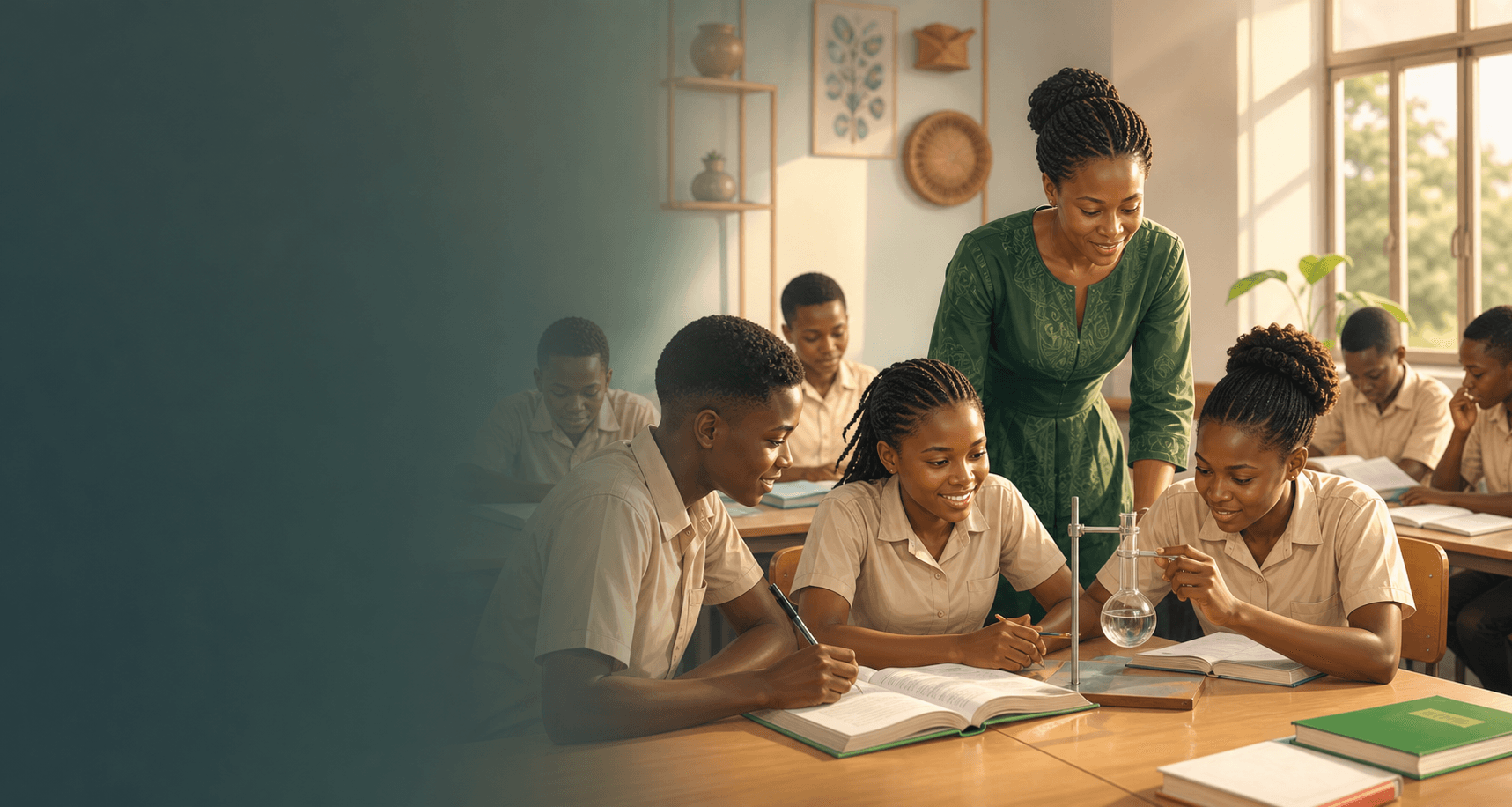 Cameroonian teacher and students learning together